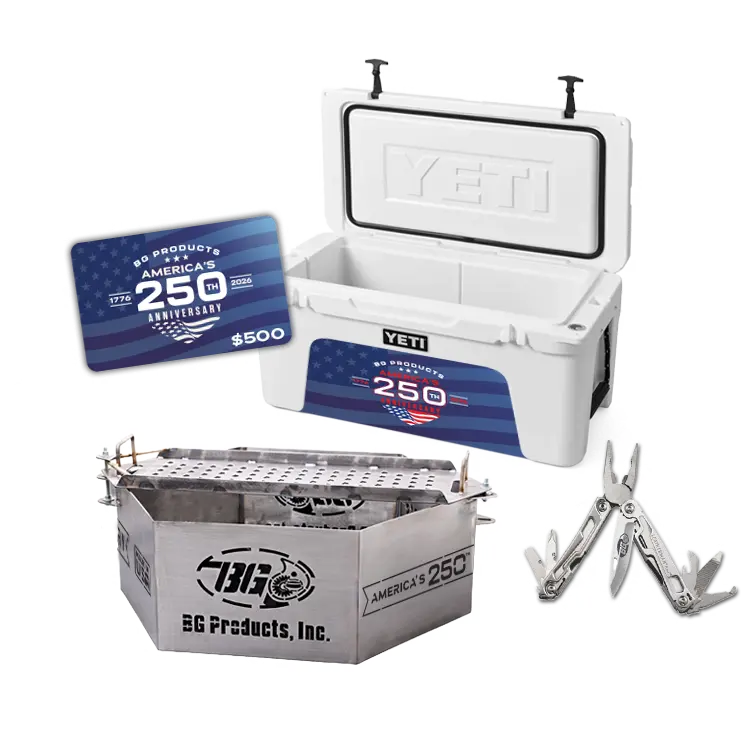 Secondary prizes: Leatherman multi-tool, Yeti Tundra cooler, BG fire pit, and BG merch gift card.