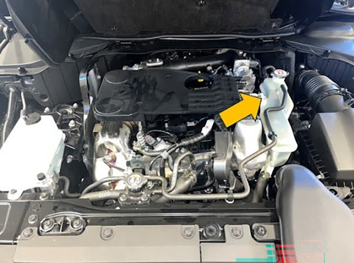 Location of the coolant tank on a Mazada 3.3L turbo Skyactiv engine