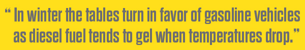 "In winter the tables turn in favor of gasoline vehicles as diesel fuel tends t gel when temperatures drop." 