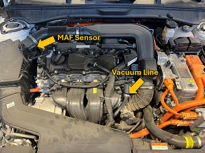 MAF Sensor and Vacuum Line locations on Hyudai 2.0L Non-turbo GDI engine