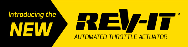 Black and yellow graphic with text saying Introducing the new Rev-It™ automated throttle actuator.