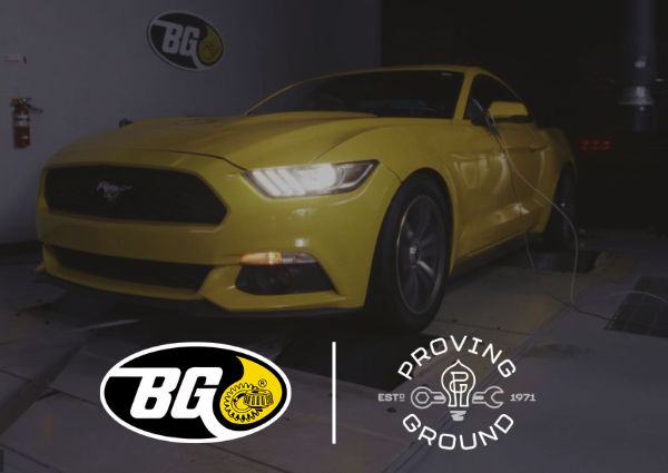ford mustang on dyno with bg and proving ground logo