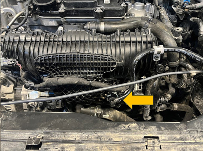 Close up view of the air intake assembly on Volvo B5 engine.